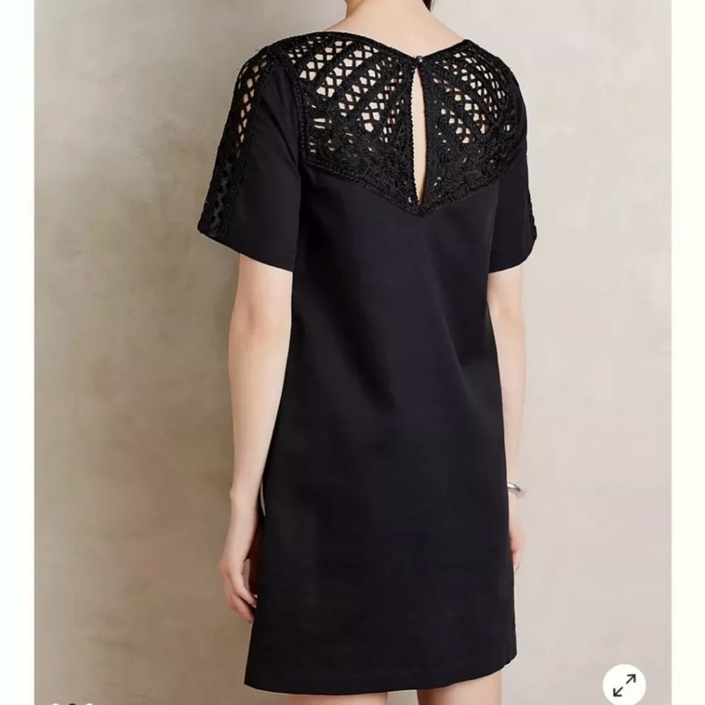 Maeve by Anthropologie Linen Blend Battenburg Shift Dress Crochet Detail Black M - Picture 2 of 12